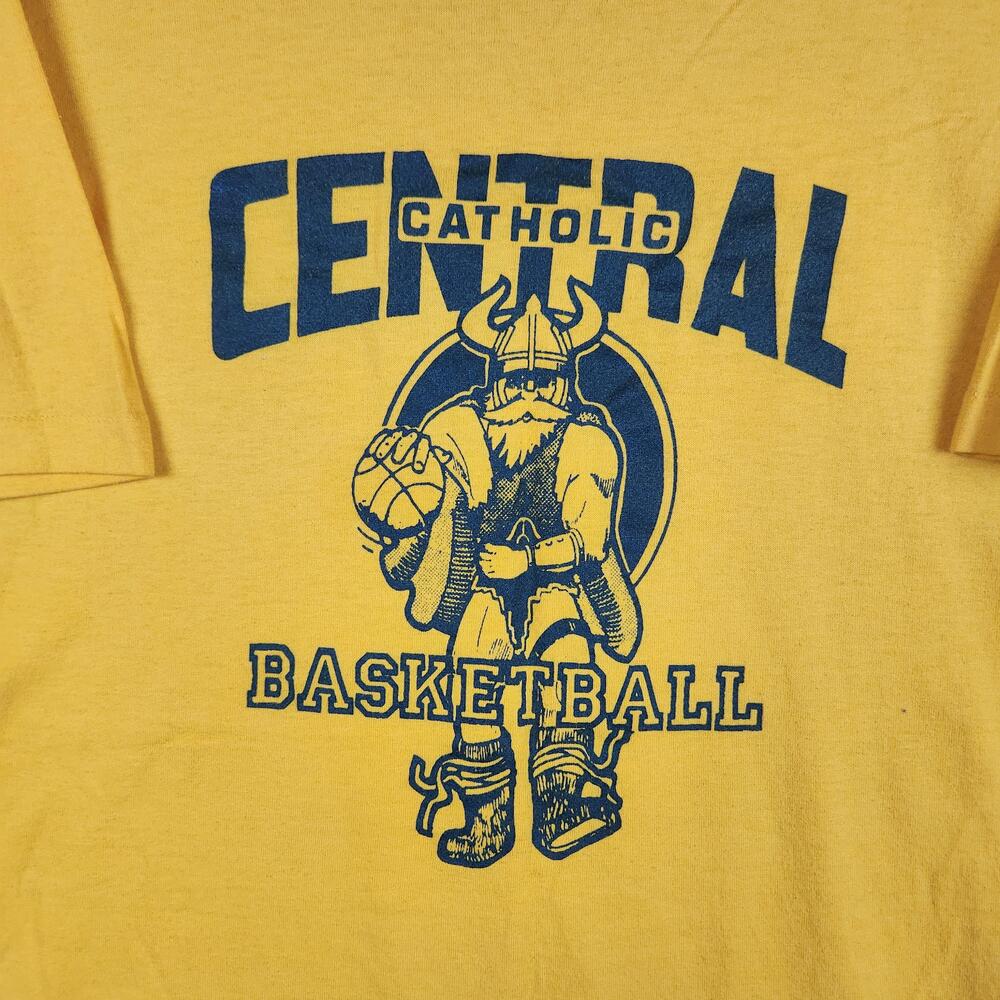 Vintage Central Catholic Vikings Shirt Mens XL Yellow Basketball USA 80s Graphic
